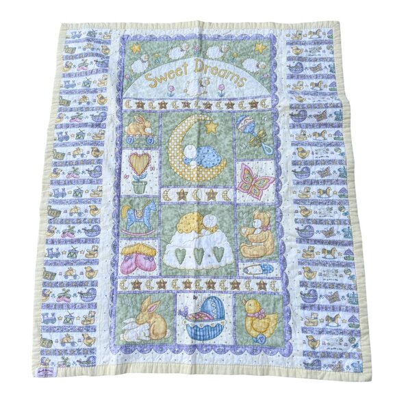 Vintage Baby Blanket Quilt Sweet Dreams Pastel Nursery Animals Moon Stars - Picture 1 of 5
